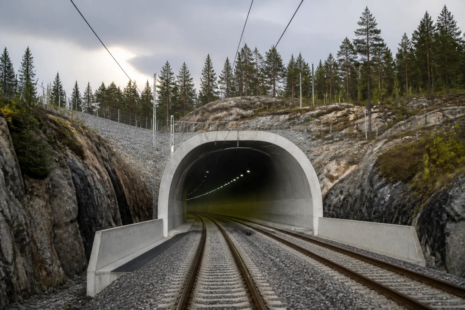 Illustrativ järnvägstunnel genom nordiskt bergslandskap