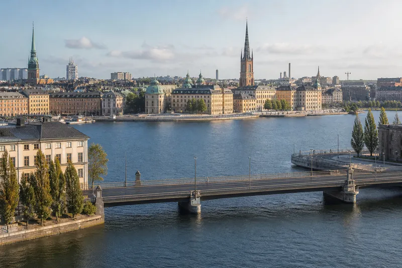 Illustrativt nordiskt stadslandskap vid vatten