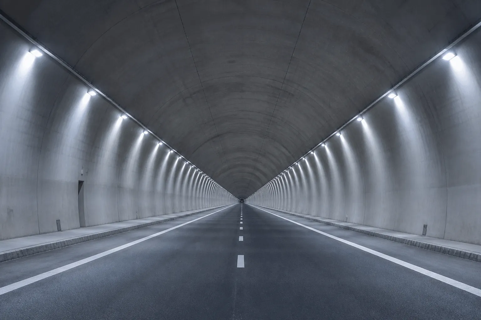 Illustrativ vy av en belyst tunnel med betongkonstruktion